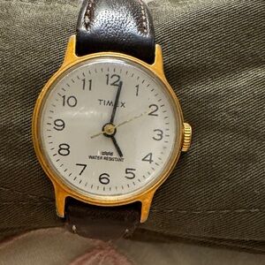 Timex Gold Tone Watch with White Dial and Brown Leather Band